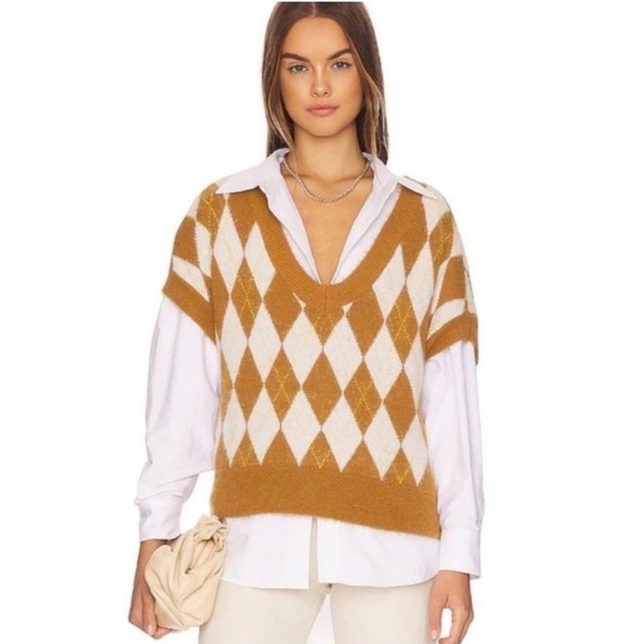 Free People Through the Motions argyle pattern sweater vest, brown cream size xs - Picture 1 of 11